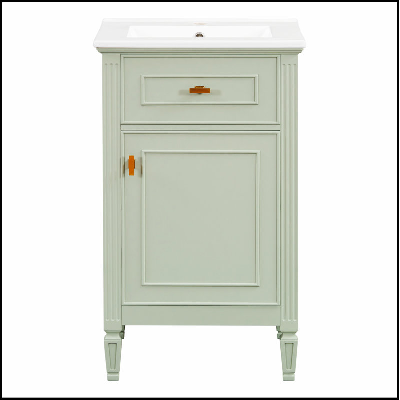 Meuble-lavabo autoportant avec lavabo, pieds en bois massif, tablette réglable, tiroir inclinable et boutons en alliage de zinc pour les petits espaces
