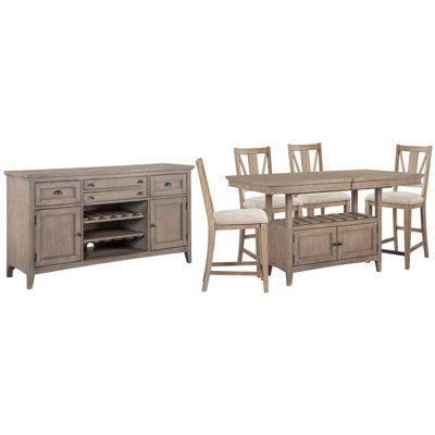 Extendable Counter Height Dining Table With 4 Counter Chairs And Buffet