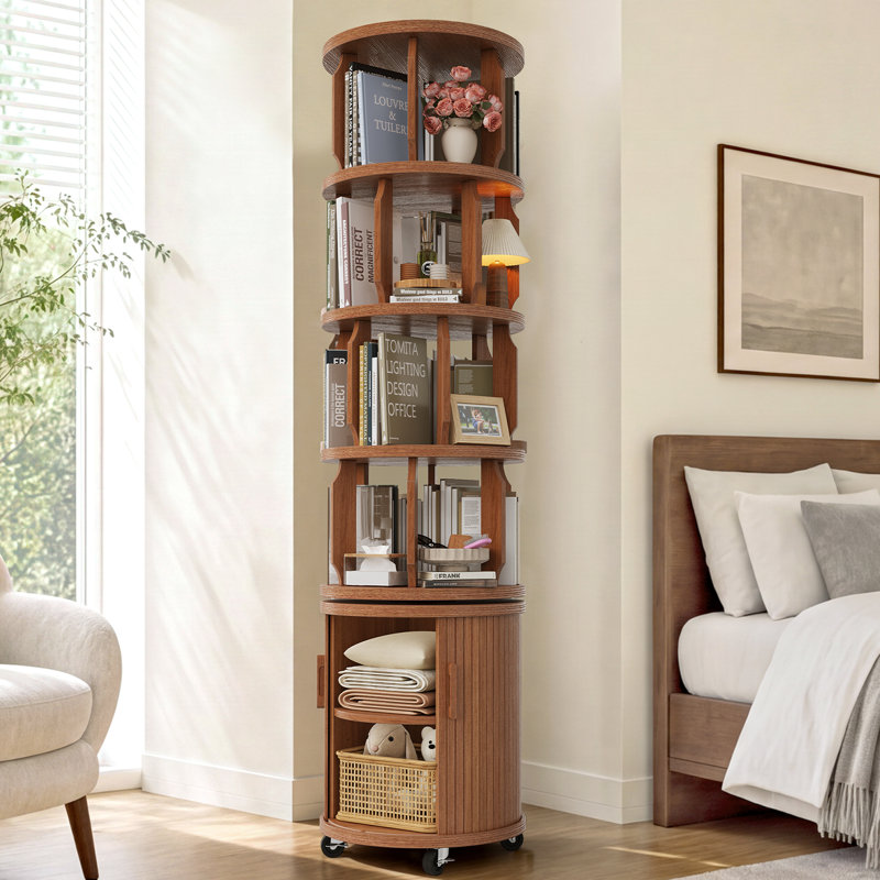 Bibliothèque pivotante à 6 niveaux avec portes, pivotant à 360°, sur roulettes, en bois massif, idéale pour les petits espaces, les coins, les chambres et les bureaux.