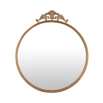 Drek Traditional Round Wall Mirror with Ornate Crest Top, Gold Metal 24x27