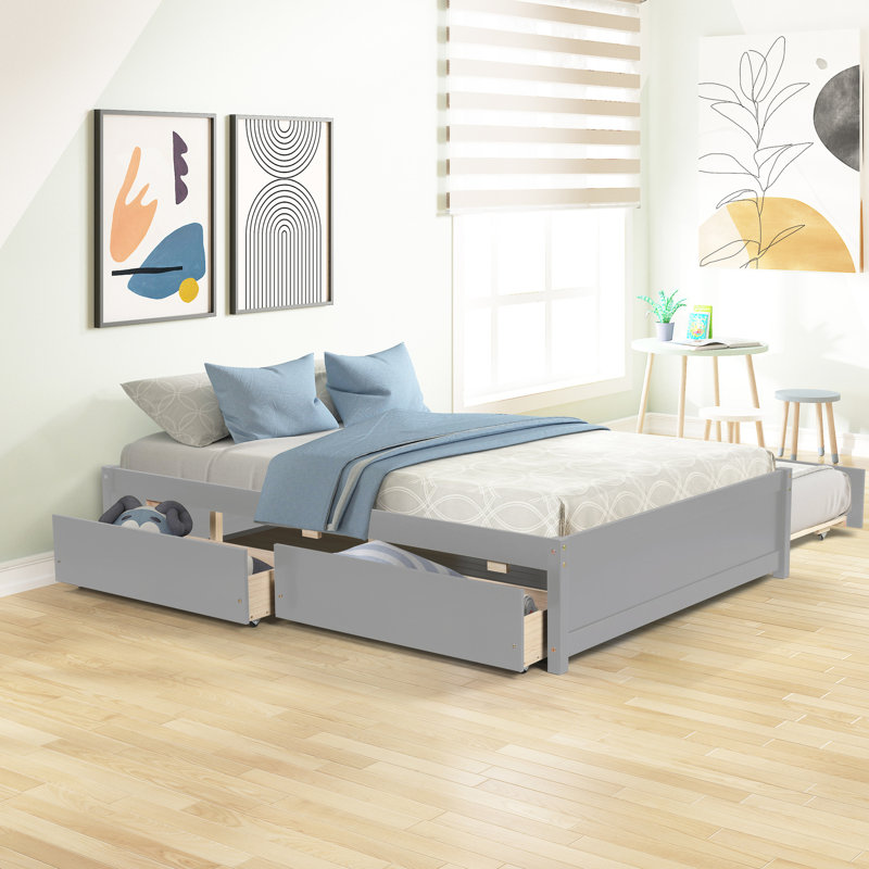 Full Size Bed With Twin Trundle In Grey - Stylish And Design Practical Space Options Modern Appeal, Grey