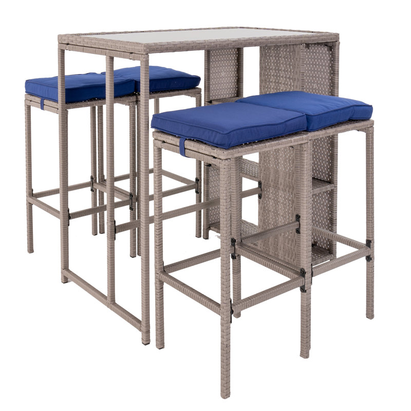 Aldonna 4 - Person Wicker Patio Dining Set with Rectangular Table , Cushions Included, Blue, Light Gray