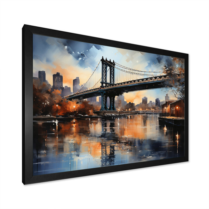 «Teal Bridge Urban Reflections Slate», reproduction sur toile, H 12 po x l 20 po x P 1 po, Cadre photo noir