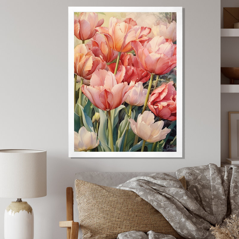 «Retro Blooming Retro Tulips Flowerfield» sur toile, H 32 po x l 16 po x P 1 po, Cadre photo blanc