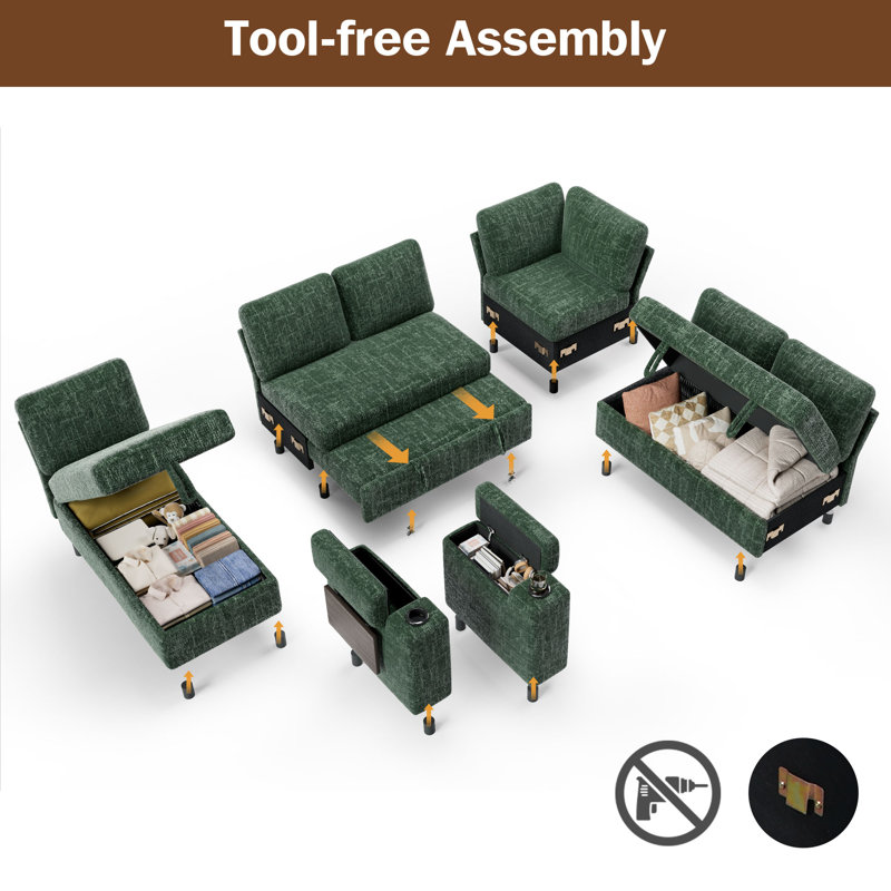 110" Modular Sectional Pull-Out Sofa With Side Table, Cupholders, Charging Ports, Green