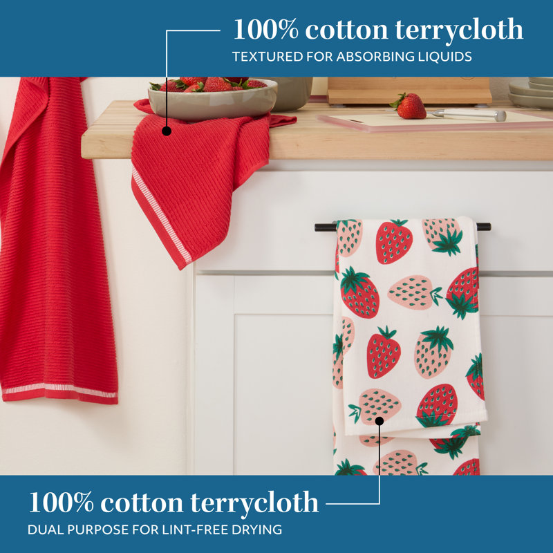 Strawberry Print Cotton Kitchen Towel Set of Four