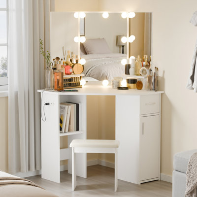 Makarama Corner Makeup Vanity with LED Lights & Charging Station Including Mirror & Stool