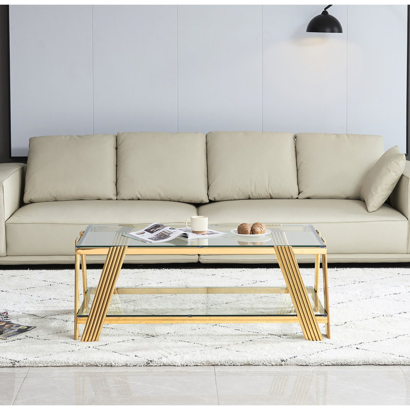 Table basse rectangulaire de 47 po de largeur, verre trempé, acier inoxydable, table de bureau à domicile moderne avec rangement, acier pour