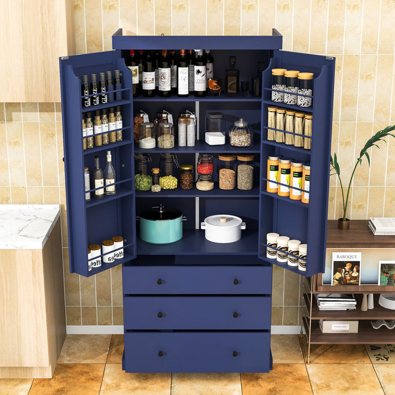 Garde-manger Natalene, armoire haute autoportante avec 3 tiroirs et tablettes réglables, Bleu
