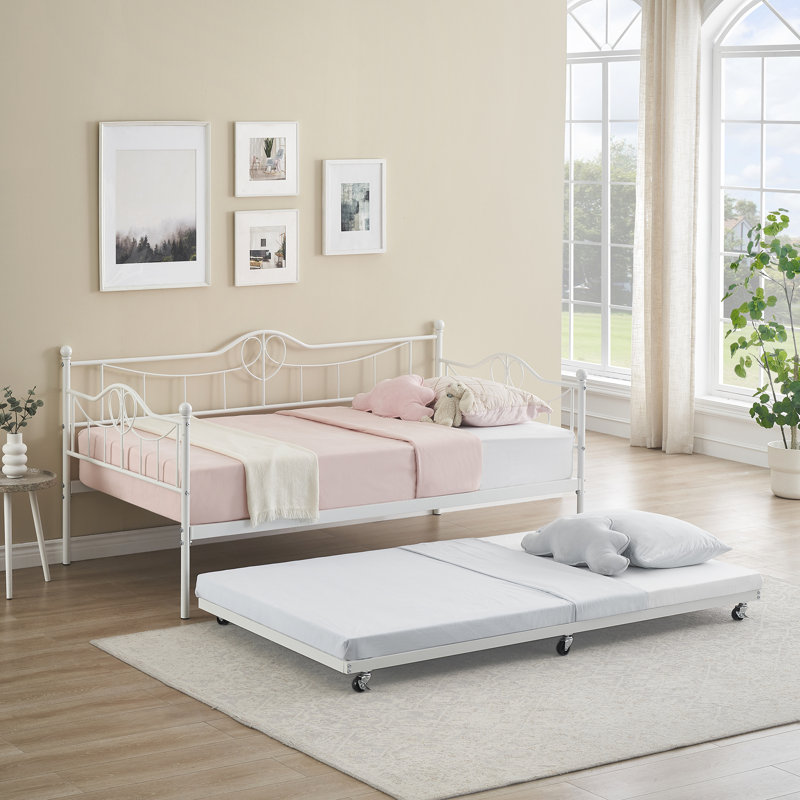 Lit de jour simple en métal gain de place avec lit gigogne - Tête de lit vintage - Sommier à lattes en acier robuste - Aucun sommier requis - Montage facile - Blanc - Taille simple + Ensemble « Sortez du lit »