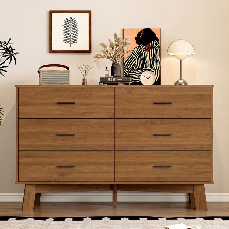 6 -Drawer Double Dresser 47.24''W, Chest Of Drawers With Adjustable Base For Bedroom, Living Room, Walnut
