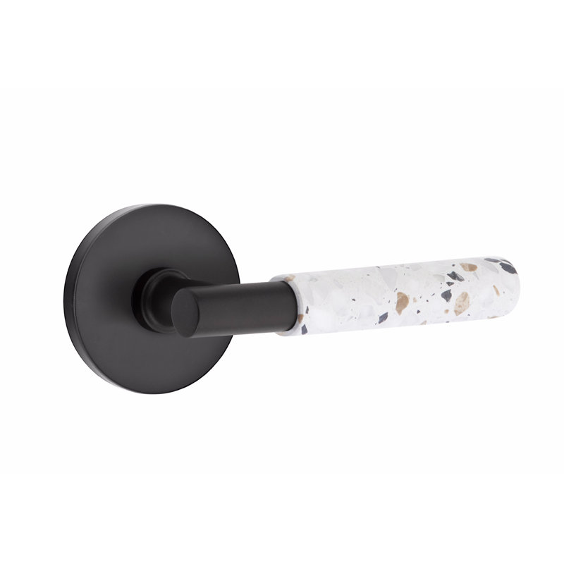 Ensemble de faux levier Emtek Select, rosette à disque, tige en T, poignée en terrazzo clair, Noir mat / terrazzo clair