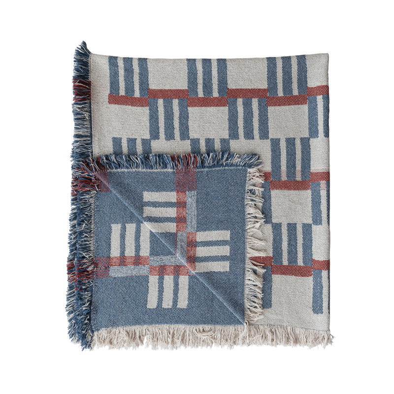 Woven Cotton Blend Jacquard Throw With Stripes/Block Pattern And Fringe