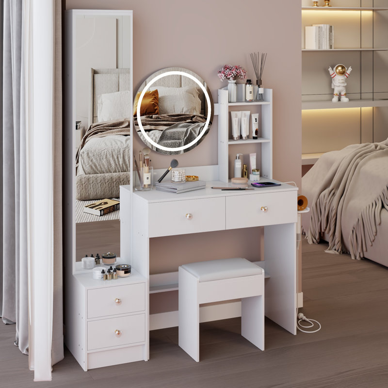 Full Body Mirror Cabinet + Round Mirror LED Vanity Table + Cushioned Stool, With 2 AC + 2 USB Power Station,17" Diameter LED Mirror, Touch Control, 3-Color, Brightness Adjustable, Large Desktop, Makeup Vanity
