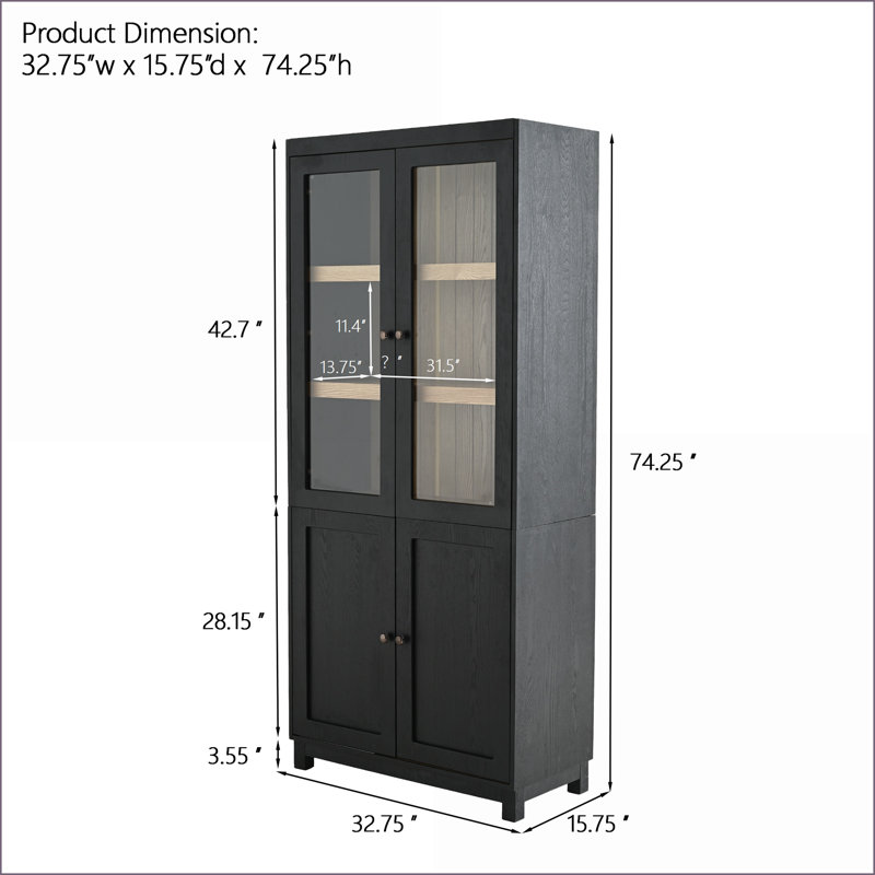 Vitrine de style Mid-Century avec portes vitrées, tablettes réglables et rangement - placage de bois de frêne noir | Salon | Panneau de fibres à densité moyenne