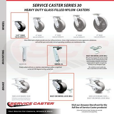 4 Piece Glass Filled Nylon Caster Set with Ball Bearings and Brake -  Service Caster, SCC-30CS3420-GFNB-SLB-BSL-2-BSL-2