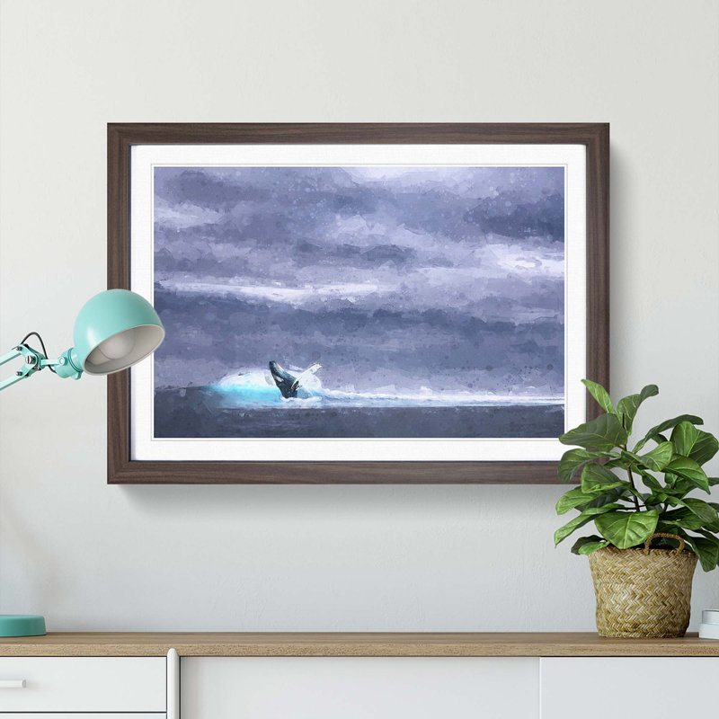 Blue Whale with Ocean Scene in Abstract - Picture Frame Painting Print, Walnut Framed, 48cm H x 65cm W x 2cm D