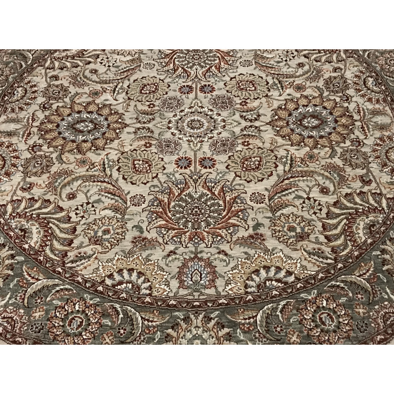 Tapis rond doré et vert de haute qualité noué à la main