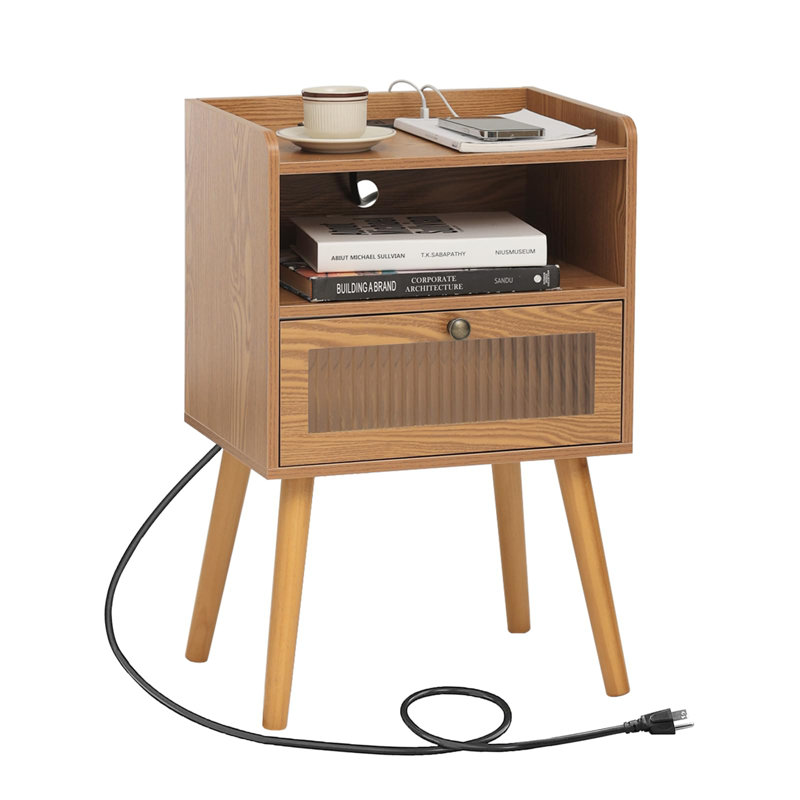 Mid Century Nightstand with Charging Station