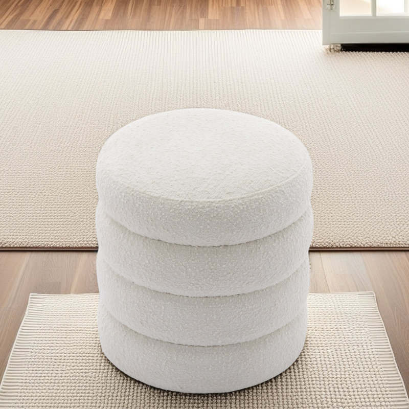 Soft Boucle Round Ottoman Footrest Stool, White Boucle