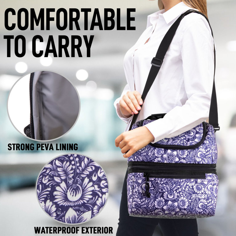 Zulay Kitchen Insulated Lunch Bag Reusable Dual Compartments with Adjustable Strap, Indigo Flowers