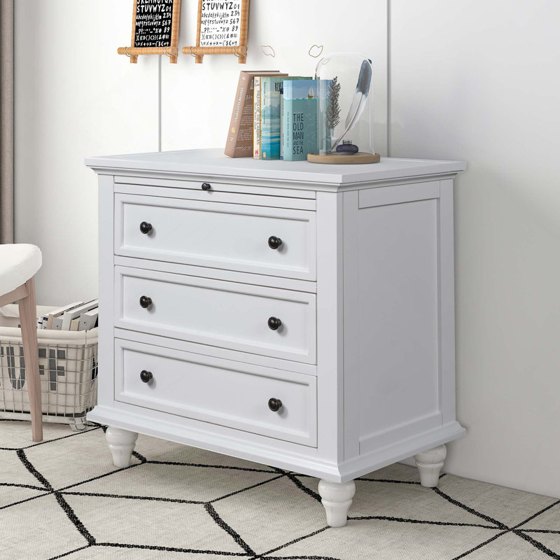 Table de chevet minimaliste en bois avec placage en bois de pin, 3 tiroirs et plateau coulissant, White