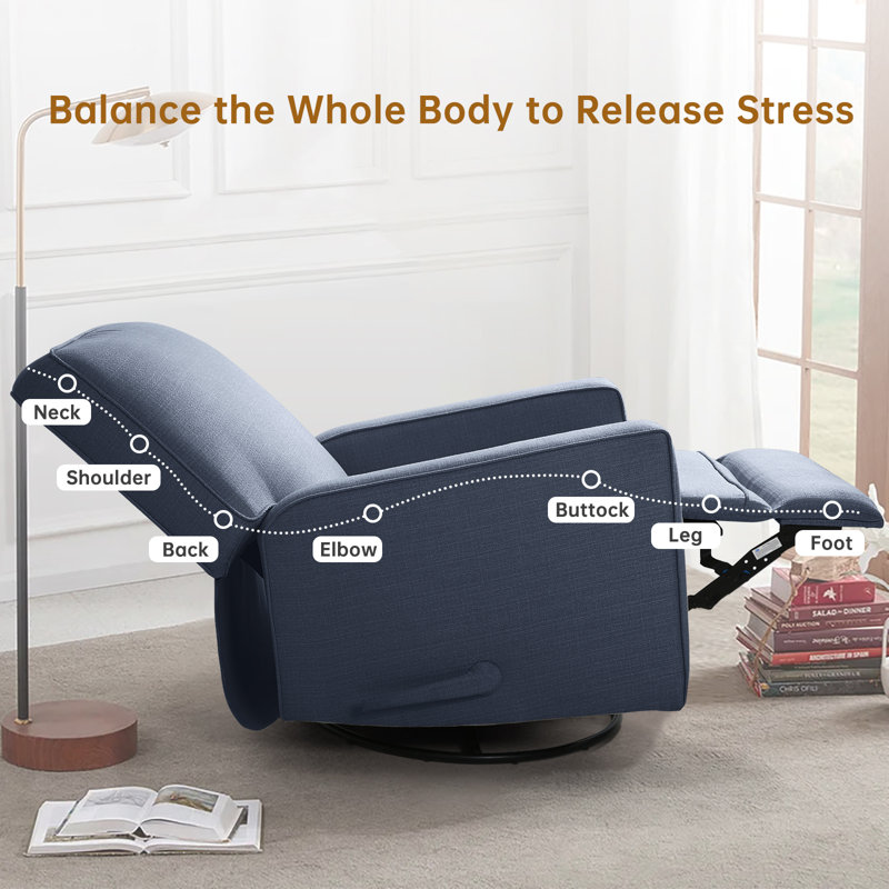 Saidee Upholstered Manual Swivel Rocker Recliner Chair, Blue Linen