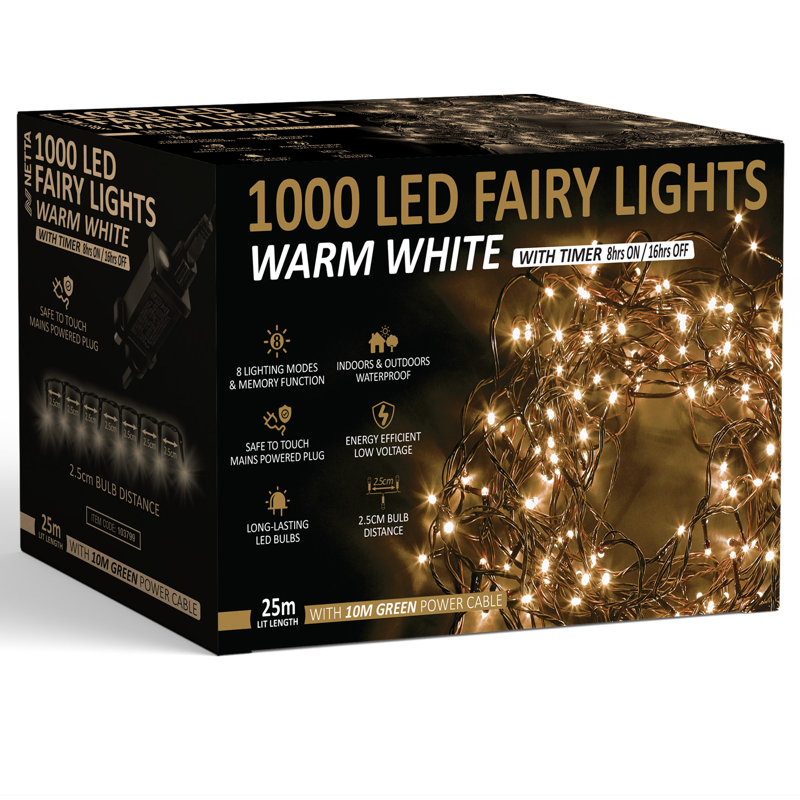 NETTA Fairy String Lights with 8 Different Modes - 1000 LED / 25M Lit-Length, Warm White