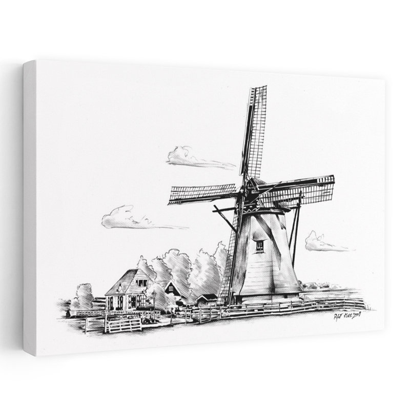 Illustration classique de moulin à vent, style abstrait, paysage architectural traditionnel, estampe murale