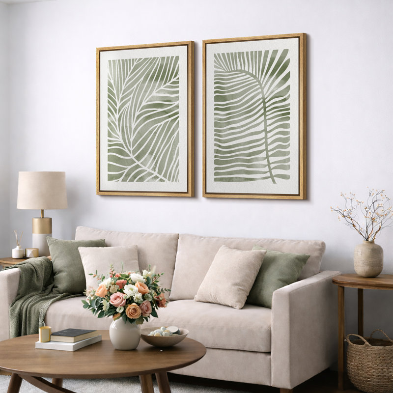 Abstract Botanical "Faded Sage Green Tropical Palm Tree Leaves Artwork, Modern Simple Minimalist Wall Pictures, Framed Canvas Giclee Print 2 Pieces Wall Art Set" 16x24x2 pcs, 24x36x2 pcs