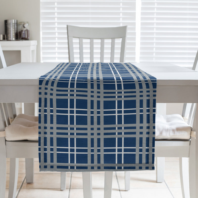 Paid Polyester Table Runner, 90" L x 16" W, Speed Blue/White/Gray