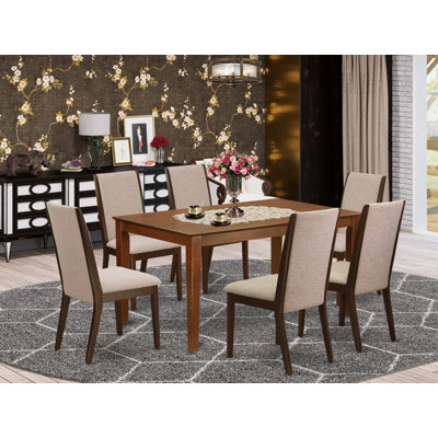 7 Piece Dining Table Set Consist of a Rectangle Dining Room Table and 6 Light Tan Linen Fabric Upholstered Chairs, Mahogany