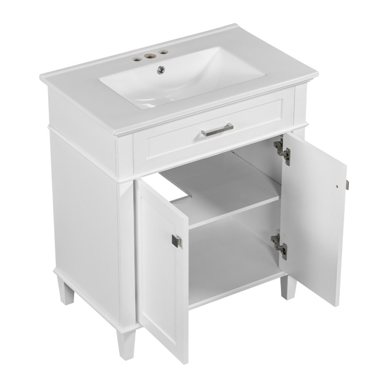 30-Inch White MDF Freestanding Bathroom Vanity with Ceramic Basin
