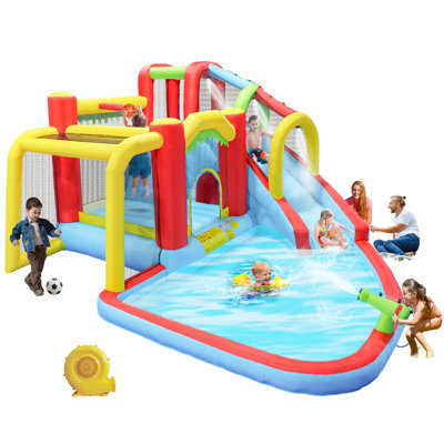 7 in1 Inflatable Slide Water Park Bouncing House Outdoor Soccer Garden Bouncer with Splash Pool & Water Gun & Climbing Wall & Basketball & Football
