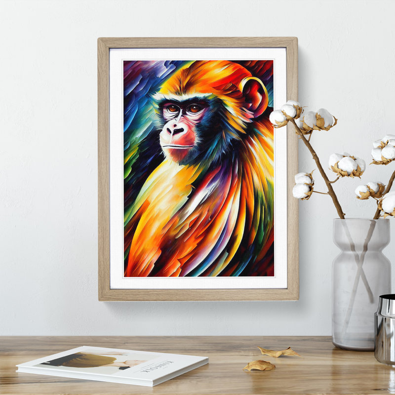 Monkey Portrait No.3 - Single Picture Frame Painting, Oak, 64cm H x 46cm W x 2cm D