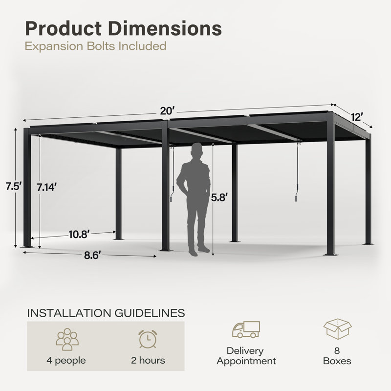 Pergola à persiennes en aluminium 12 po x 20 pi avec toit réglable et système de drainage intégré, 12 pi x 20 pi