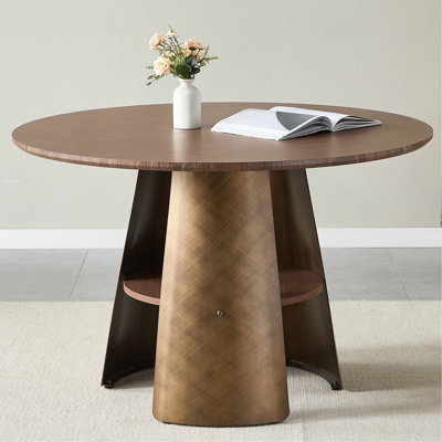 47.25 Inch Round Dining Table, Retro Style, Brushed Texture, Suitable For 4-6 People, MDF Tabletop, Metal Frame, Walnut Wood, Bronze Color.