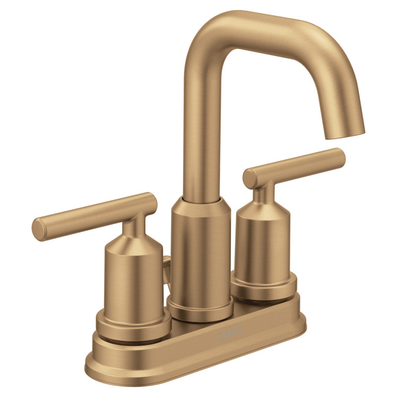 Robinet de salle de bain moderne à deux poignées à grande arche avec ensemble de drain Moen Gibson, Bronzed Gold