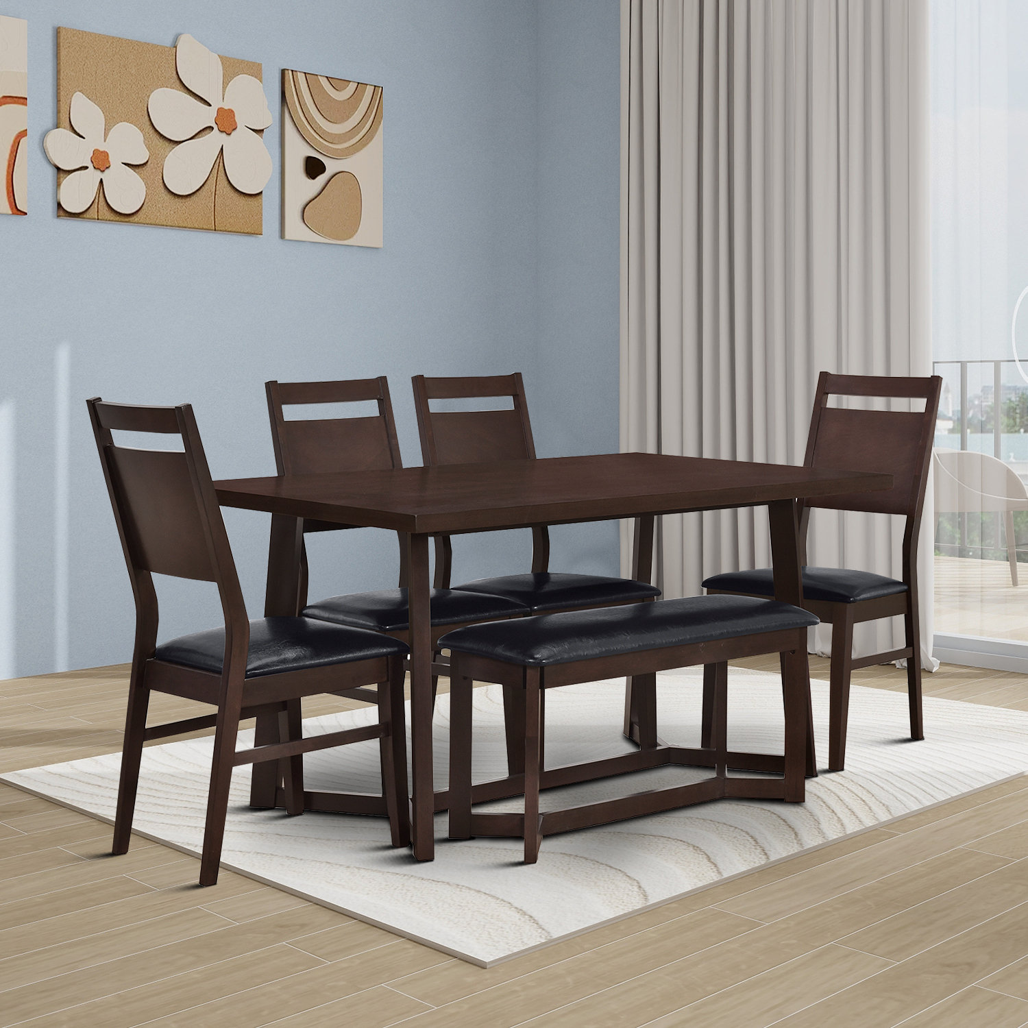 Red Barrel Studio Rustic Kitchen Table 6-Piece Set, Side Chairs and Bench with Upholstered Seat ...