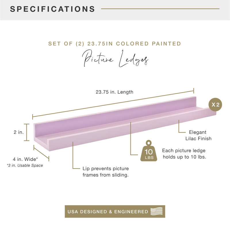 MCS Pink 23.75 Inch Painted Picture Ledge Set, Set Of 2, Lilac