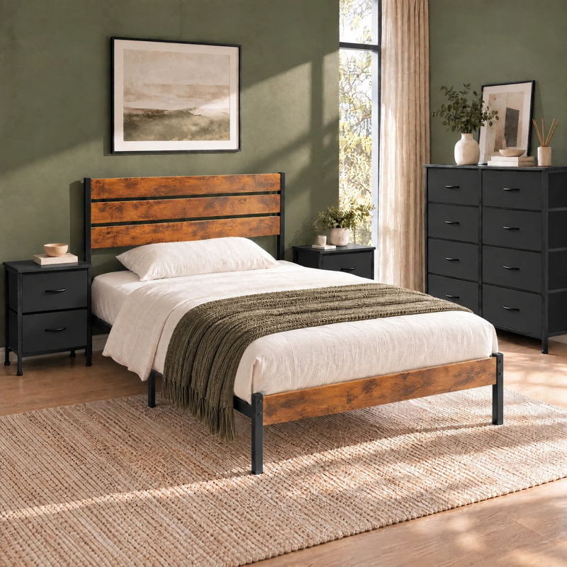 Ensemble de chambre à coucher industrielle 4 pièces, cadre de lit plateforme en bois avec 2 tables de chevet et commode à 8 tiroirs