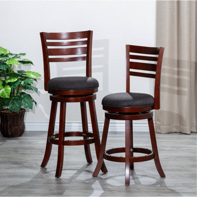 24" Counter Stool With Slat Back And 360-Degree Swivel, Cherry Finish, Charcoal Fabric Seat - Modern Elegant Height Swivel Stool, Cherry, Stylish Functional Seating
