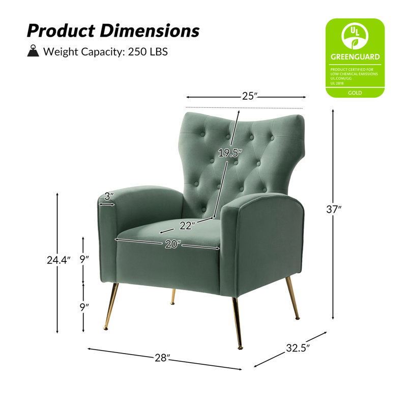 Consolata 37" H Velvet Wingback Chair with Button Tufting and Metal Legs, Sage Velvet