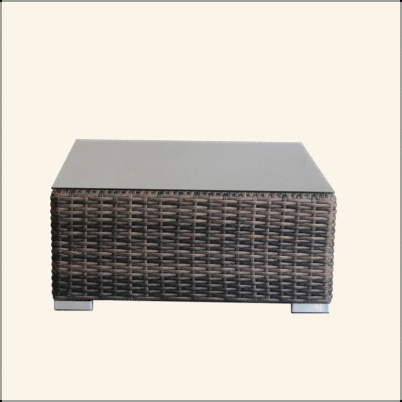 No Assembly Required Square Coffee Table, Outdoor HDPE Wicker Side End Table with Aluminum Frame and Tempered Glass Top