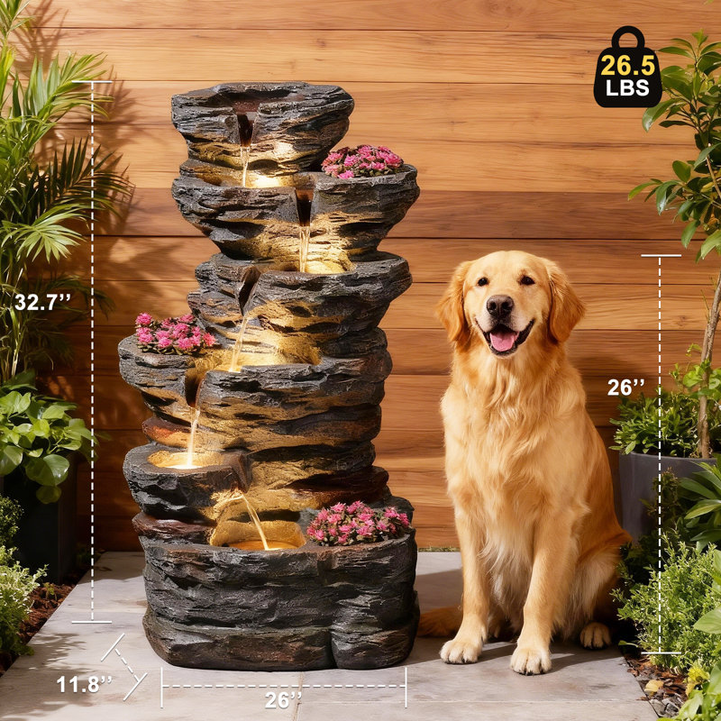 32.7’’h 6-tier Rock Water Fountain Outdoor Cascading Waterfall Fountain With 3 Plant Nooks And Led Lights, Outdoor Water Fountain For Garden, Patio, Porch & Yard Decor