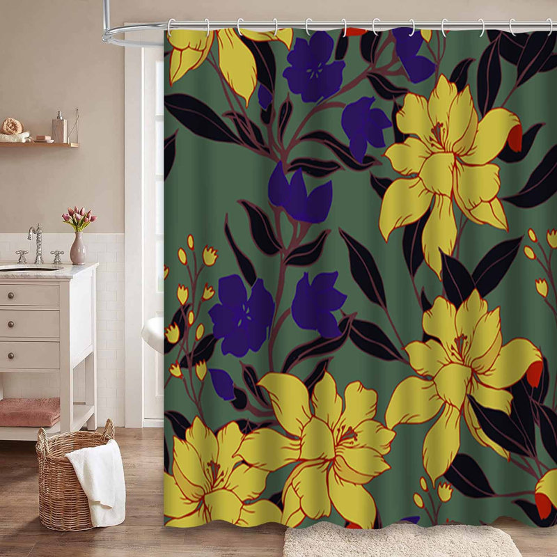Rideau de douche imperméable rétro à motif floral avec 12 crochets, L 72 po x l 78 po