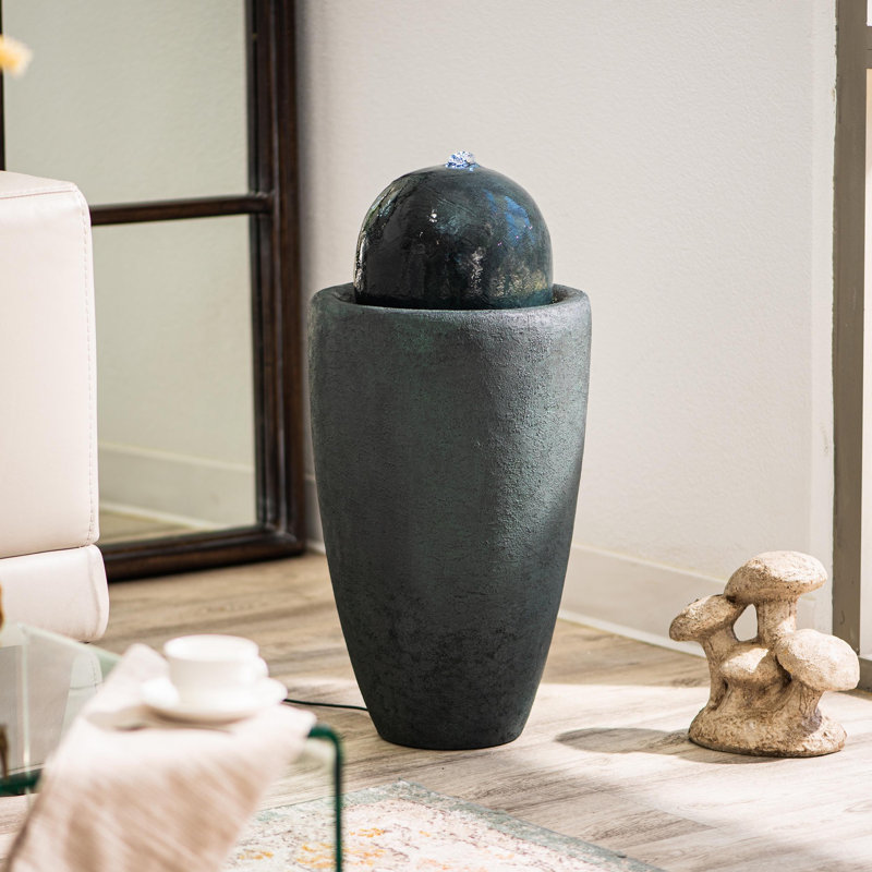  Fontaine de sphère moderne de 26 po avec lumière DEL XBrand - Fontaine de sol texturée en pierre pour l'extérieur, boule de bulles zen pour porche de patio - vert foncé