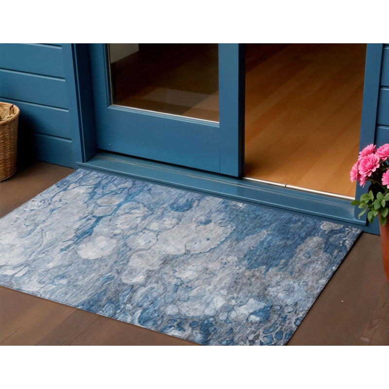HomeRoots 3' X 5' Denim Blue And Sky Blue Abstract Washable Indoor Outdoor Area Rug
