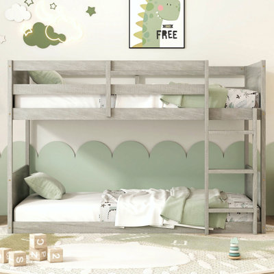 Twin Over Twin Floor Bunk Bed With Panelled Headboard And Footboard, Solid Rubber Wood Foundation With Safety Guardrails, Built-In Ladder