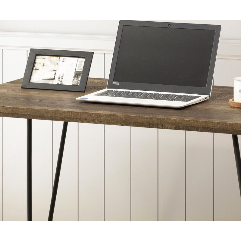 Bureau rustique en chêne avec finitions métalliques, taupe et métal, design ouvert pour un gain de place, 58,8 cm de profondeur, 117,2 cm de largeur, 77,2 cm de hauteur.